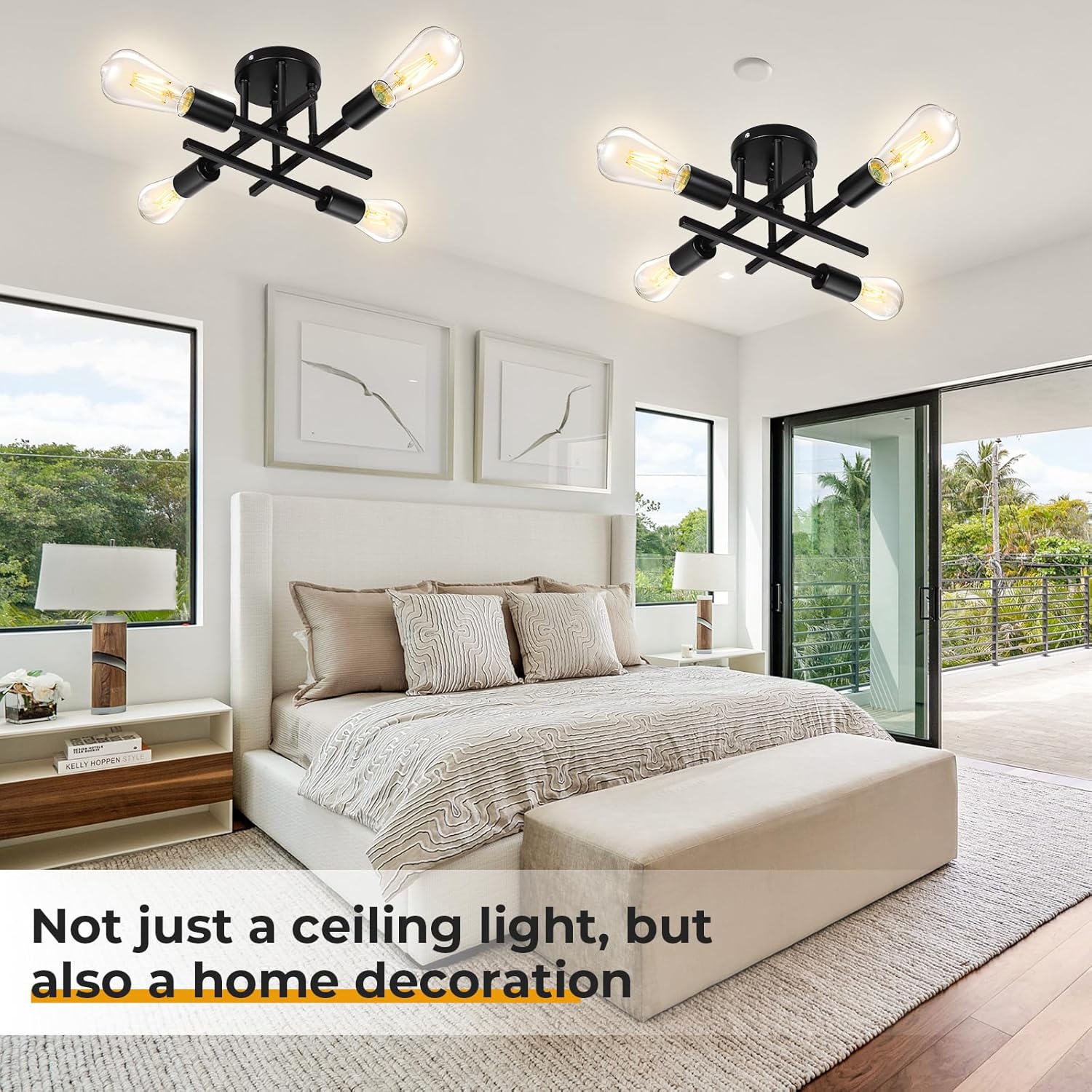 Modern bedroom with black ceiling lights and decorative elements.