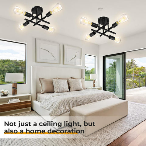 Modern bedroom with black ceiling lights and decorative elements.
