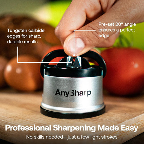 AnySharp Knife Sharpener – PowerGrip Suction Base | Hands-Free Safety | Sharpens All Kitchen Knives | Ideal for Hardened Steel & Serrated