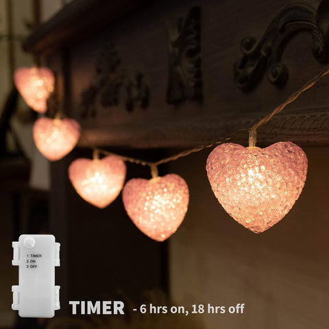 Pink Heart LED Fairy String Lights, 2m Battery Operated with Timer, Warm White Decorative Lighting
