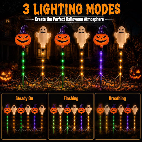 5 Pack Christmas Outdoor Powered Stake Lights, Battery Operated, Waterproof LED Christmas Pathway Lights for Yard Patio Garden Decoration (White Ghost + Pumpkin)