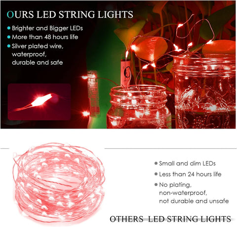 LED Fairy String Lights, 2M 20 LED Battery Operated Waterproof Copper Wire Lights for Indoor & Outdoor Décor, Christmas, Valentine, Birthday (Red, Pack of 5)