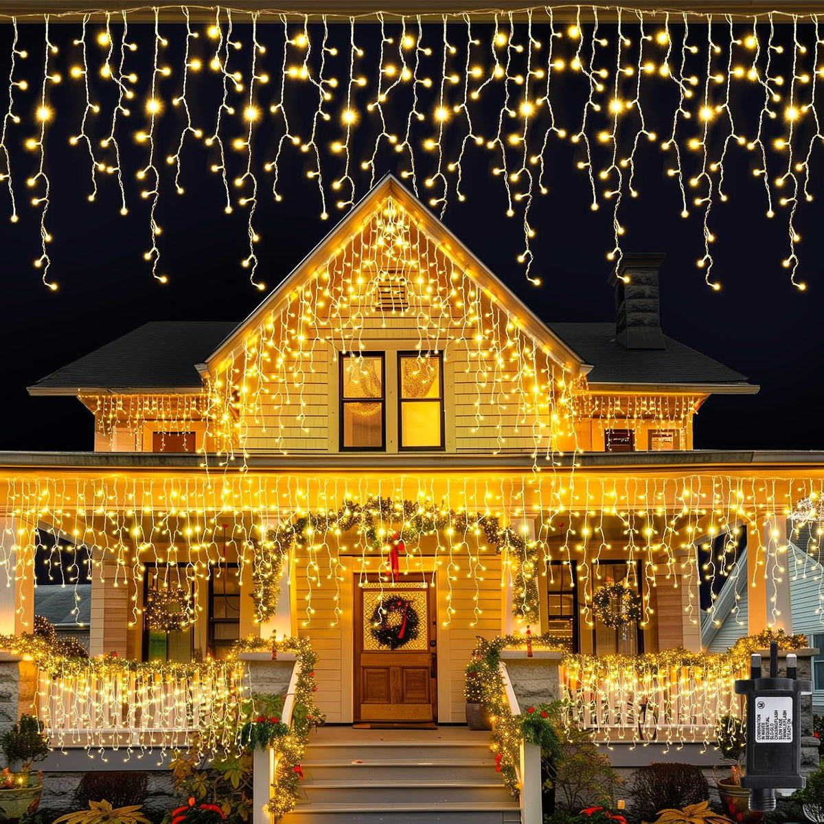 5M 216 LED Outdoor Icicle Christmas Lights – Warm White Plug In Fairy Lights with Timer, 8 Modes & IP44 Water Resistant Design - Turn Your Home Into a Winter Wonderland