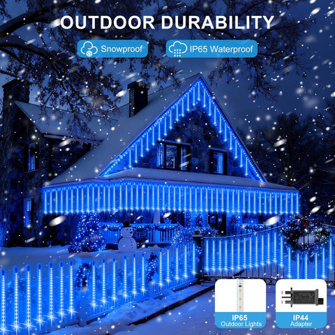 Blue Meteor Shower Christmas Lights Outdoor 576 LED 16 Tubes