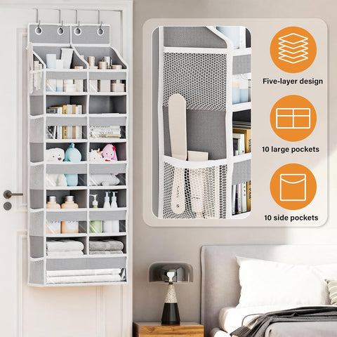 Abiglifty Over The Door Storage Organiser – 20 Pockets, 5-Tier Hanging Storage with Clear Windows, Grey