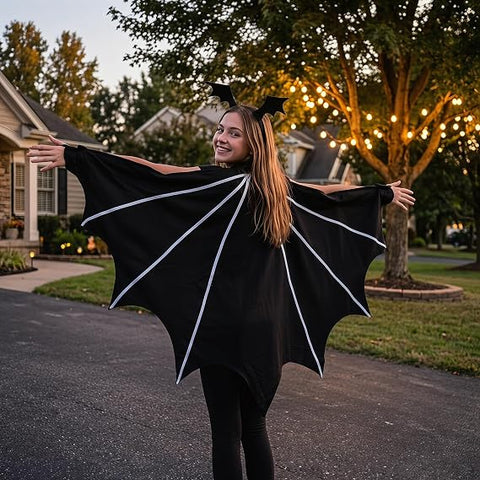 Bat Woman Costume for Adults – Black Bat Wings, Cape, Hairband & Eye Mask Halloween Fancy Dress Costume for Women
