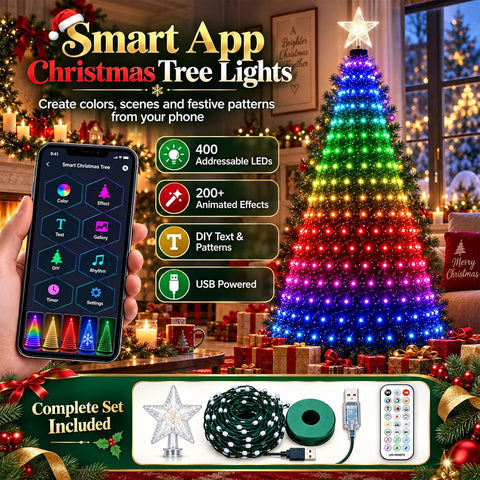 Smart Christmas Tree Lights – 400 Addressable Multicolour LEDs with App & Remote Control, 200+ Effects, USB Powered – Make Your Christmas Tree the Star of the Room