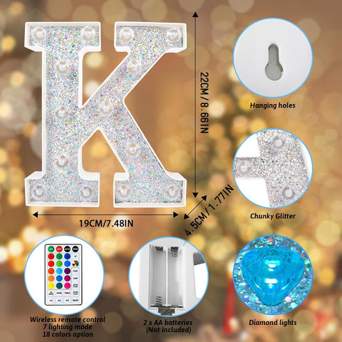 K Style Color Changing LED Letter Light, Glitter Marquee Lamp with 18 Colors, Remote Controlled, Battery Powered Decorative Letter Light for Party, Wedding, Birthday and Home Decor