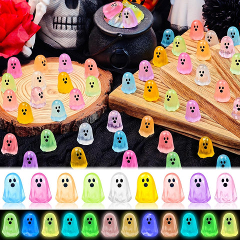 60 Pcs Halloween Luminous Mini Ghost Figures – Glow in the Dark Resin Ghost Decorations for Vases, Fairy Gardens, Shelves & Party Décor