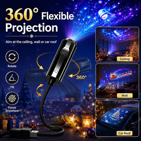Christmas Projector Indoor 360° HD Scene Projector with 24 Christmas Projection Films – USB Festive Projection Light for Walls, Ceilings & Parties