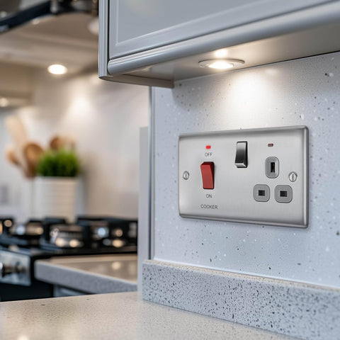 BG Electrical Cooker Switch with Socket and LED, Cooker Control Unit, Control Socket, Double Pole, Raised Profile, Round Edges, Nexus Metal, Brushed Steel, Grey Inserts, 45A, NBS70G