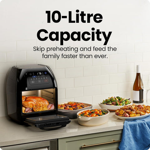 5-in-1 Air Fryer Oven with Rotisserie 10L, 1800W – 17 Presets, Bake, Roast, Dehydrate, Family Size with View Window