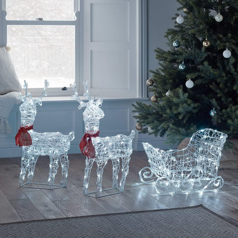 Christmas Reindeer & Sleigh Light Decoration with 240 White LEDs – Battery Operated