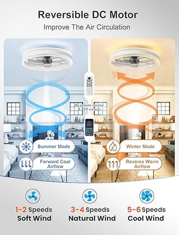 20" Ceiling Fan with Light 4000LM 50cm Remote & App Control Flush Mount 6 Speeds Dimmable Low Profile 3 Colours Reversible
