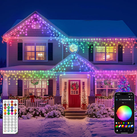 Ollny Smart RGB Icicle Christmas Lights 10m, 286 LED App & Music Sync Outdoor Fairy Lights with Remote, Plug & IP44 Waterproof Design - Turn Your Roofline Into a Colourful Christmas Display