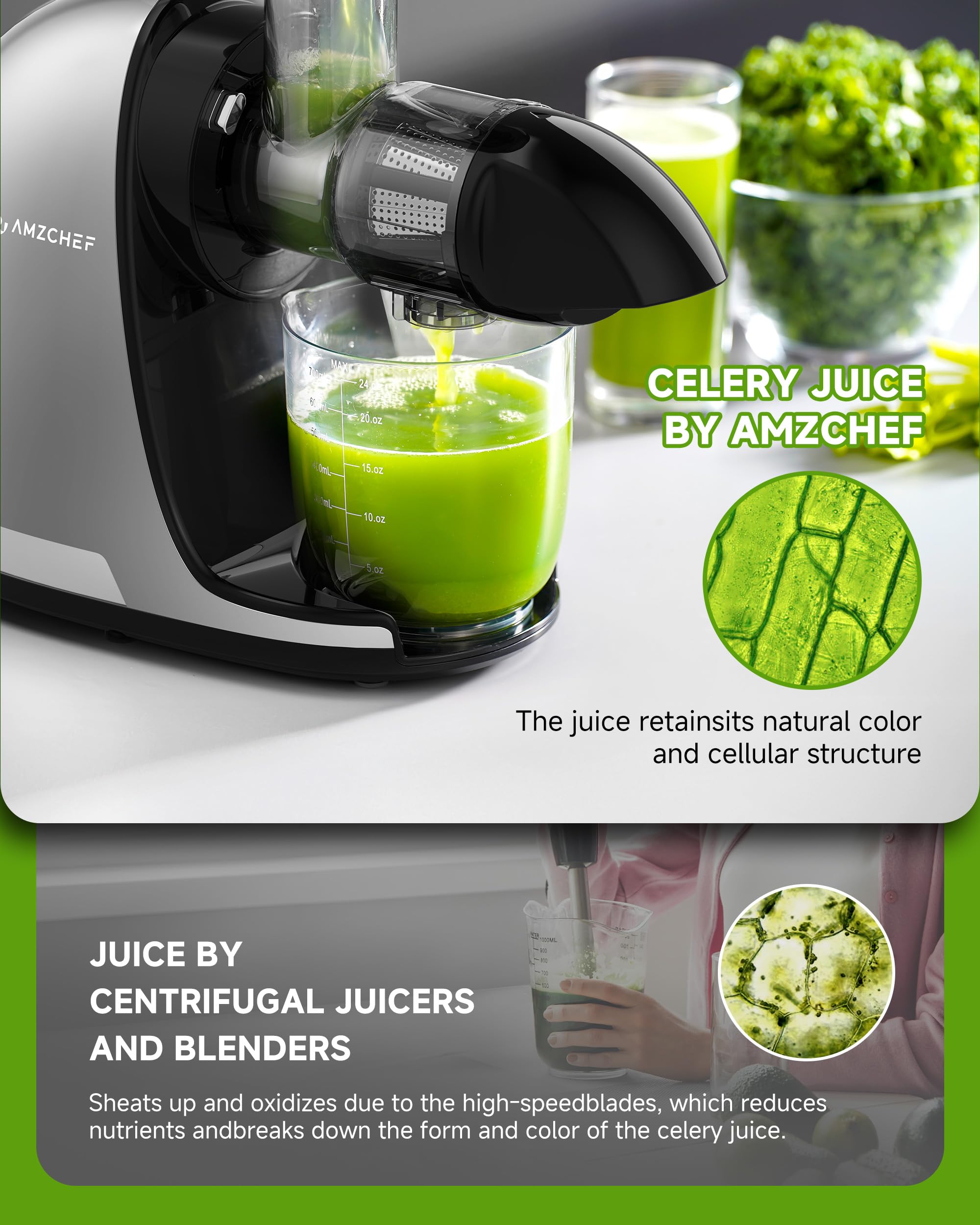 AMZCHEF Juicer Machines - Cold Press Slow Juicer - Masticating Juicer for Whole Fruits and Vegetables - Delicate Chew No Need to Filter - BPA Free Juice Extractor with 2 Cups and Brush - Black