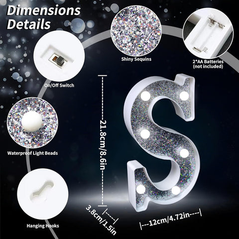 Letter S Style LED Marquee Lamp, Silver Glitter Light Up Letter Sign, Battery Powered Tabletop Decorative Marquee Light with On/Off Switch for Wedding, Birthday, Party and Home Decor