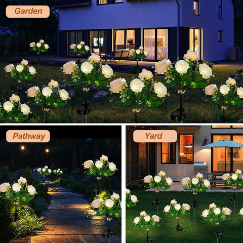 2 Pack Rose Solar Flower Outdoor Lights, Waterproof IP65 Garden Light, Rose Petal Design for Patio, Yard, Fence, Garden Ornament，Mother Birthday Gifts.（Champagne White ）