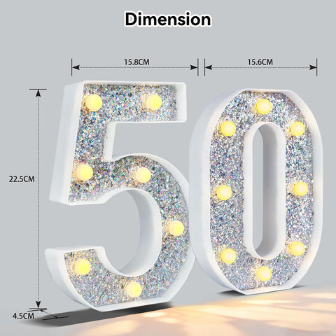 Silver Glitter Light up Numbers,8.86 Inch Marquee Number Lights for Baby Shower Birthday Wedding Anniversary Party Home Wall Decorations, Lighted Numbers as Gift for Girls Daughter, Number 50