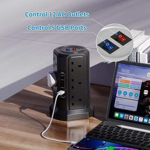 HAFINO Tower Extension Lead with 12 Socket Outlets and 5 USB Ports – 18W USB-C Fast Charging, Surge Protection & 1.8m Cable – Keep Your Desk Powered Without the Plug-Socket Tangle