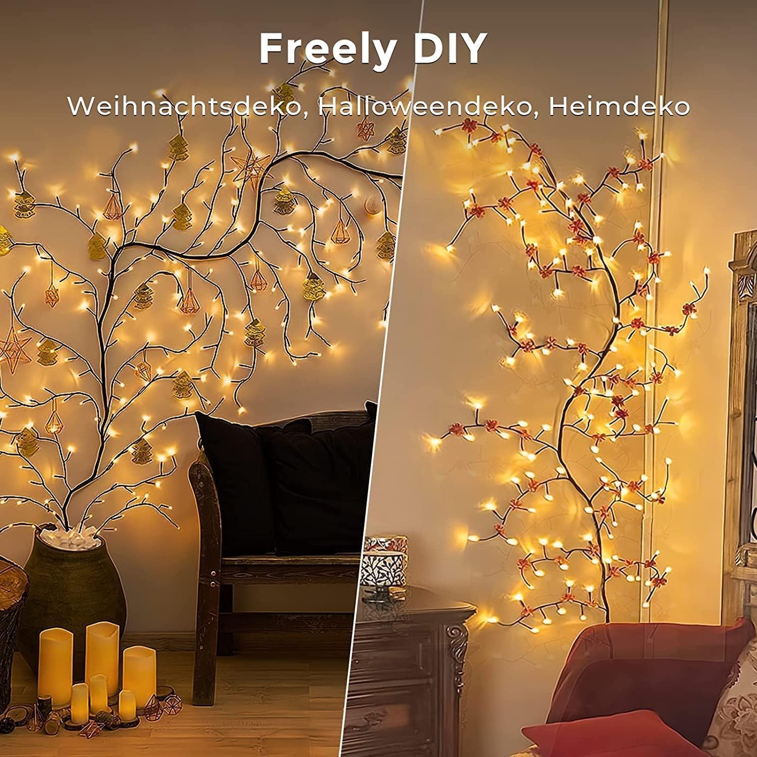 Decorative branches with lights in a living room setting, featuring 'Freely DIY' text.