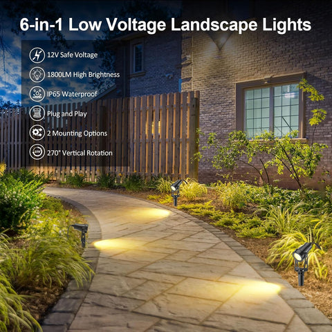 6 in 1 Garden Spot Lights Mains Powered, Upgraded Aluminium LED Garden Spike Lights, 21M Extendable 12V Low Voltage Outdoor Uplighters, IP65 Waterproof Path Lighting for Pathway Yard Lawn