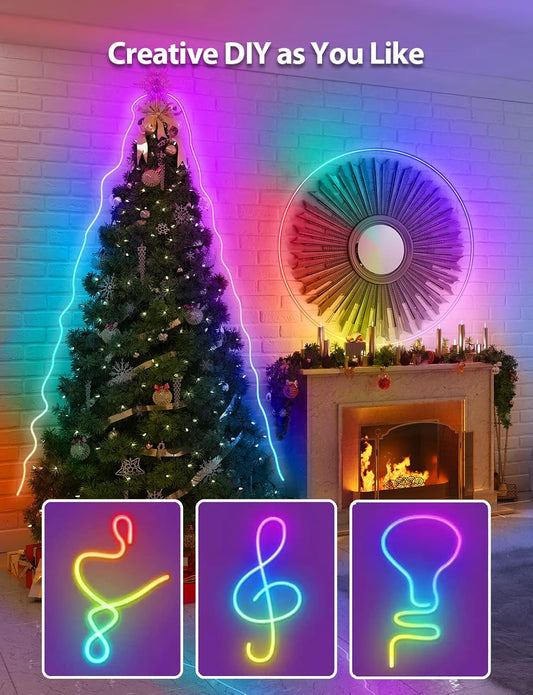 Neon Strip Lights - 3M RGBIC Neon Strip Lights with Music Sync,16 Million DIY Colors, DIY Design, Works with Alexa and Google Assistant,Led Neon Strip Lights for Gaming Room Wall Decor