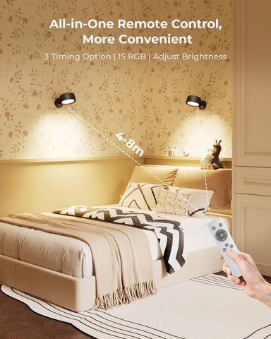 Wall Lights, LED Wall Lamp with 18 RGB Colors, 8000mAh Rechargeable Battery Operated, Touch and Remote Control,Dimmable Wireless Wall Sconces for Bedroom Indoor, 360° Rotation, Black