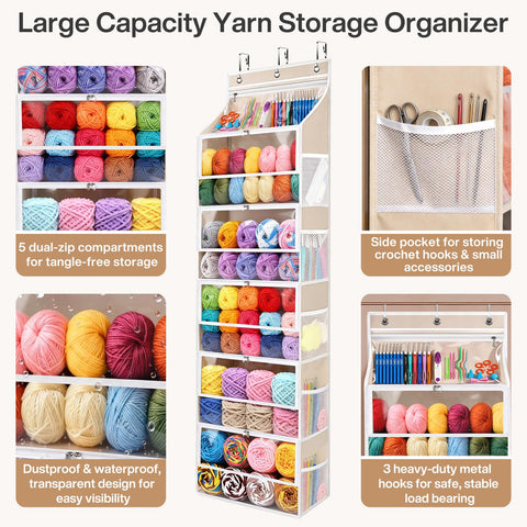 Hanging Yarn Storage Organizer with 5 Zipper Closure Compartments