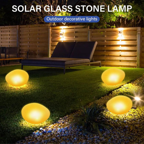 1PCS WarmWhite Light Solar Glass Stone Light, Solar Pathway Pond Light with 4 LEDs, IP44 Waterproof Auto On/Off Garden Ornaments for Lawn Ground Outdoor Decor