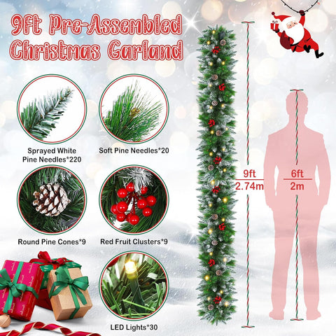 Pre-lit Artificial Christmas Garland 9Ft Green with Red Flowers