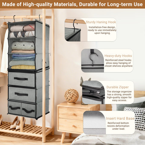 6-Tier Hanging Wardrobe Organiser with 5 Removable Drawers & 3 Side Pockets – Heavy-Duty Fabric Storage Shelves