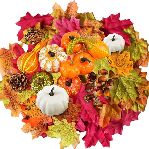 120Pcs Artificial Pumpkins Autumn Decorations Set,Autumn Home Decor Artificial Fall Maple Leaves,Pine Cones,Gourds,Pumpkin,Small Acorns for Thanksgiving Halloween Fall Home Harvest Table Decorations