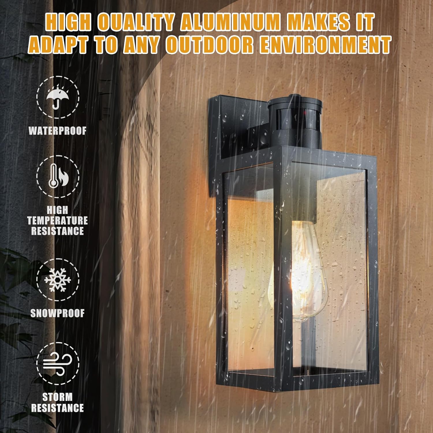 Outdoor wall light fixture with rain simulation on a wooden background, highlighting features like waterproof, high temperature resistance, snowproof, and storm resistance.