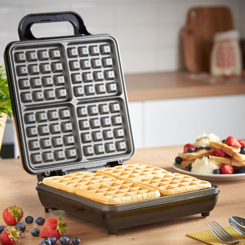 Large 4-Slice Waffle Maker – 1100W Belgian & American Waffles, Non-Stick Plates, Cool Touch Handle, Silver, Easy Clean