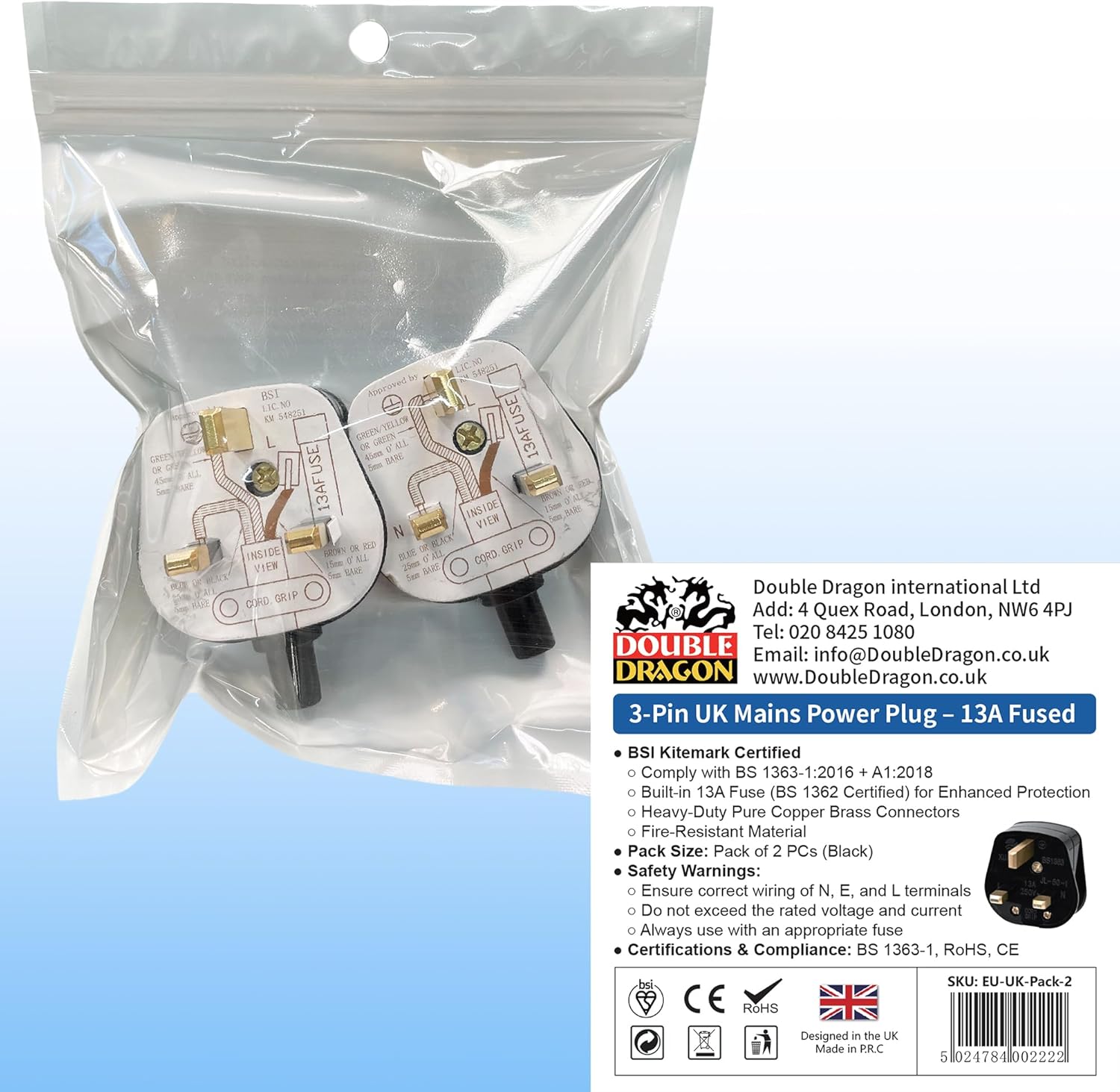 Two power plugs in a clear plastic bag with Double Dragon branding on a light blue background.