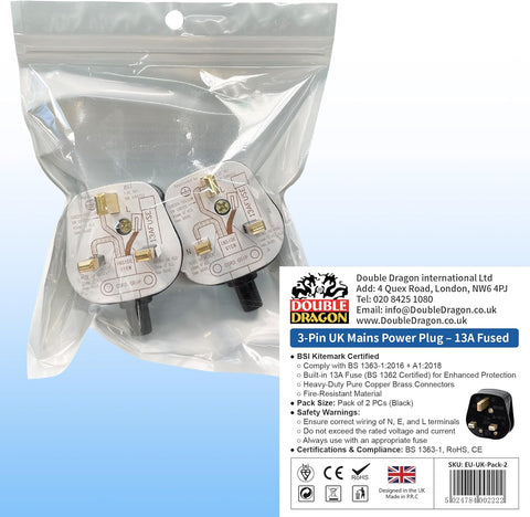 Two power plugs in a clear plastic bag with Double Dragon branding on a light blue background.