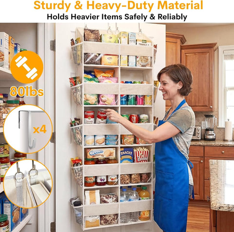 over the Door Organiser with 5 Tiers and 10 Compartments, Extra Large Hanging Door Storage with 4 Hooks, 36Kg Weight Capacity, Bedroom Wardrobe or Nursery Nappy & Toy Storage – Beige