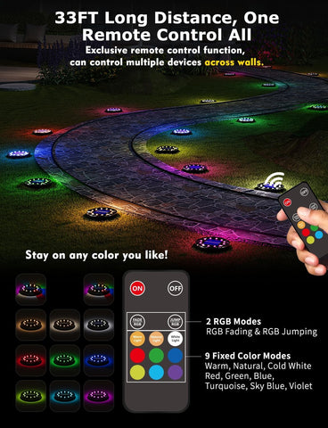 Color Changing Solar Ground Lights with Remote, IP67 Waterproof, 16Pack