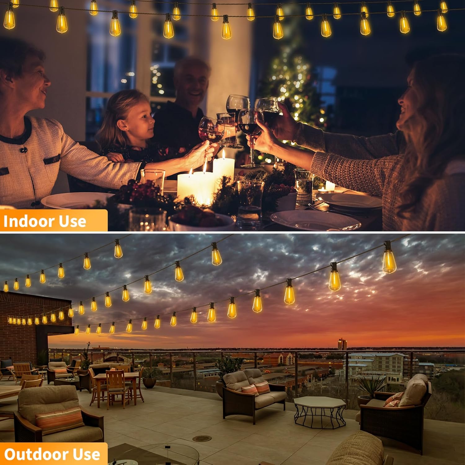 Outdoor String Lights 60FT /18.3M Festoon Patio Lights Outside Led Lighting Waterproof Mains Powered with ST38 Shatterproof Vintage Bulbs Connectable for Garden Wedding Balcony
