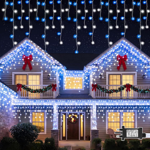 GlobaLink Christmas Icicle Lights 10M 400 LED Connectable Blue White – Outdoor Christmas Fairy Lights with Timer, 8 Modes & IP44 Water Resistance - Turn Plain Eaves Into a Winter Glow
