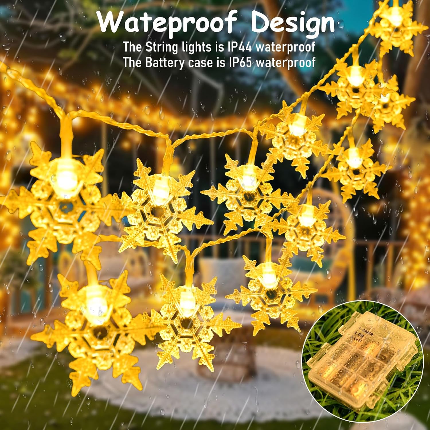 String lights with waterproof design feature, shown in rain.