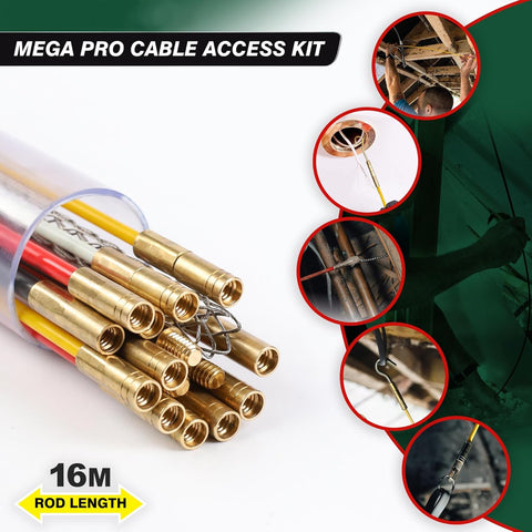 Super Pro 16M Cable Access Rod Set 17Pc Attachments Electrical Wire Puller Fish Tape Kit – 16 x 1M Fibreglass Rods With Storage Case