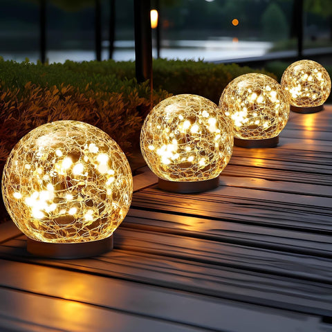 Garden Solar Lights Cracked Glass Ball Decorative Solar Globe Lights Outdoor Landscape Lights Waterproof LED Solar Patio Lights for Pathway Walkway Garden Yard Lawn Decoration (4 Pcs, 3.9 Inch)