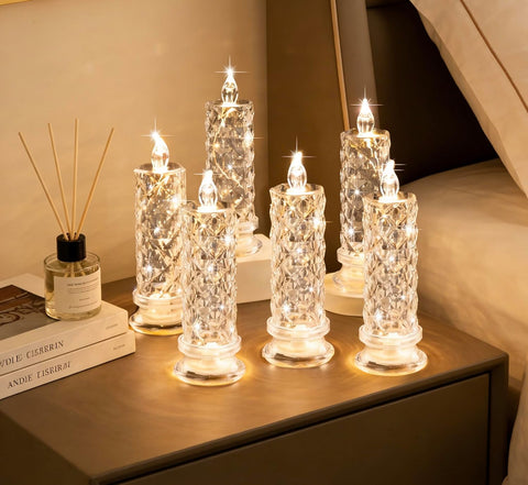 Crystal LED Flameless Candles Set of 6, Diamond-Cut Decorative Glass Candle Holders with Flickering Light for Wedding, Christmas & Holiday Table Décor