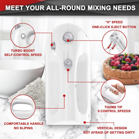 400W Hand Mixer Electric Whisk – 5 Speeds, Turbo Boost & Eject Button, 5 Accessories for Baking Cake, Egg & Cream