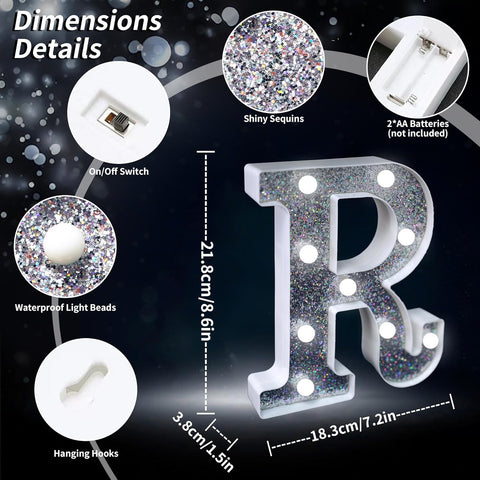 Letter R Style LED Marquee Lamp, Silver Glitter Light Up Letter Sign, Battery Powered Tabletop Decorative Marquee Light with On/Off Switch for Wedding, Birthday, Party and Home Decor