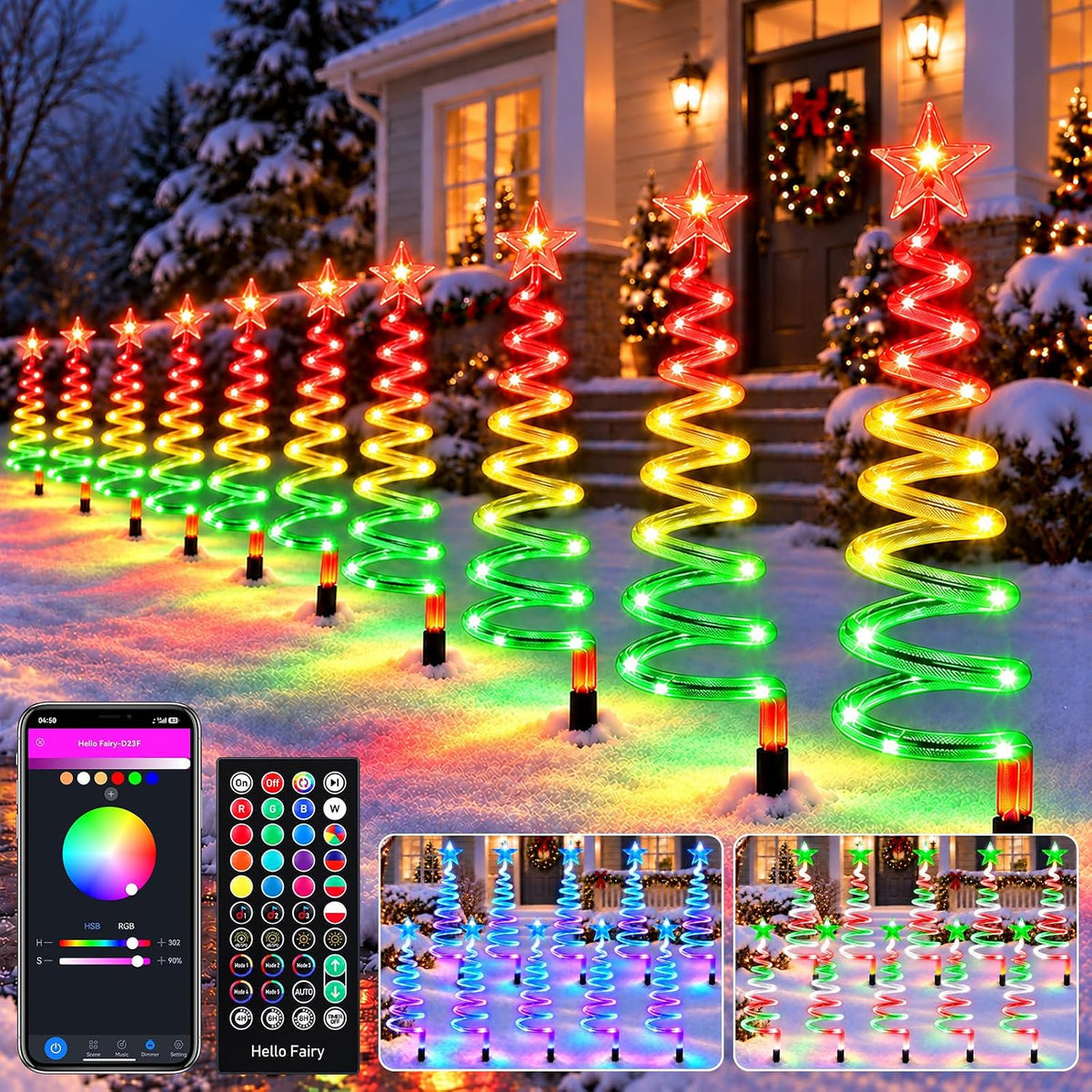 10 Pack Christmas Pathway Lights Outdoor, Smart Spiral Xmas Tree Lights with 150 RGB LEDs, App Control,Music Sync,Remote, DIY&Timer, Waterproof Christmas Yard Decorations for Lawn Walkway Garden Decor