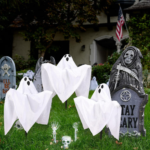 NEXVIN Halloween Decorations - 3 Pack Ghost Battery Stakes Lights with Timer, Outdoor Halloween Props for Garden, Pathway, Lawn, Yard, Haunted House