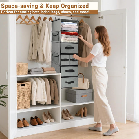 6-Tier Hanging Wardrobe Organiser with 5 Removable Drawers & 3 Side Pockets – Heavy-Duty Fabric Storage Shelves
